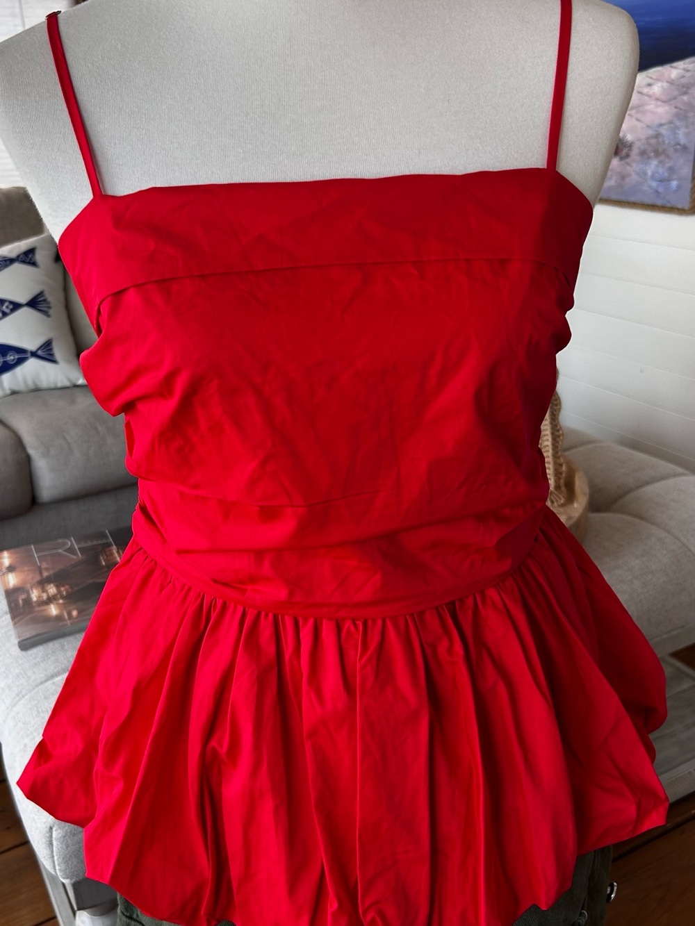 NWT PINCH Red Bubble Hem Peplum Tank Top Smocked Back Cotton L